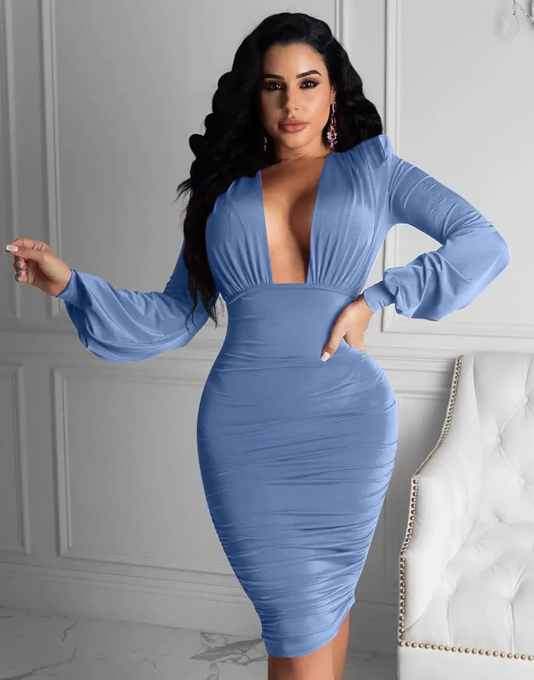 GOBLES Women's Sexy Deep V Neck Long Sleeve Ruched Bodycon Midi Party Dress