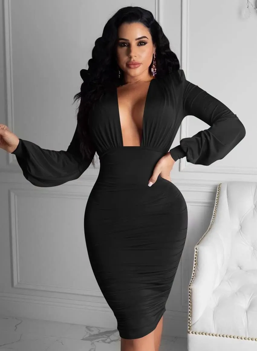 GOBLES Women's Sexy Deep V Neck Long Sleeve Ruched Bodycon Midi Party Dress
