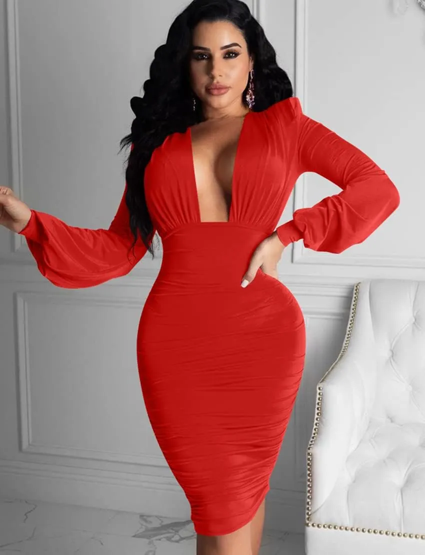 GOBLES Women's Sexy Deep V Neck Long Sleeve Ruched Bodycon Midi Party Dress