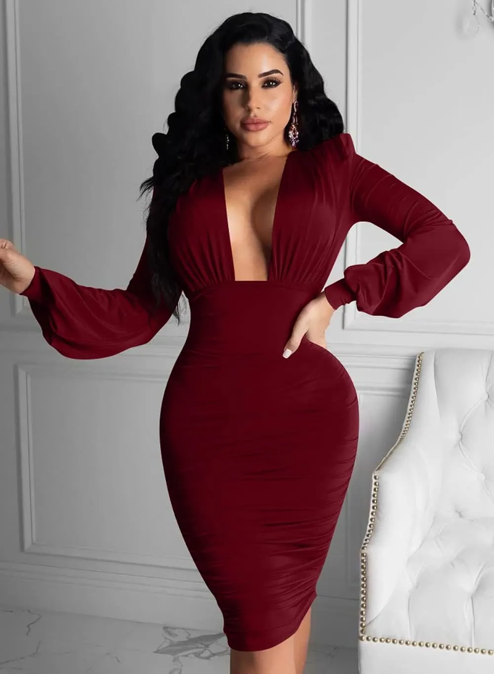 GOBLES Women's Sexy Deep V Neck Long Sleeve Ruched Bodycon Midi Party Dress