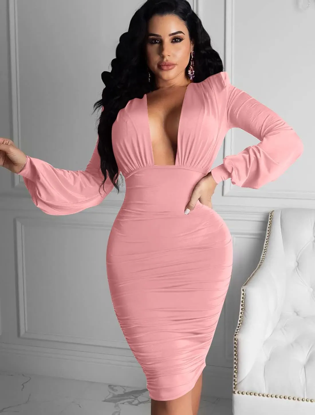 GOBLES Women's Sexy Deep V Neck Long Sleeve Ruched Bodycon Midi Party Dress