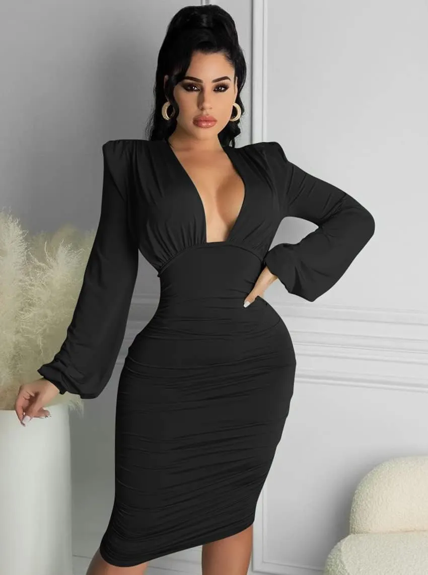 GOBLES Women's Sexy Deep V Neck Long Sleeve Ruched Bodycon Midi Party Dress