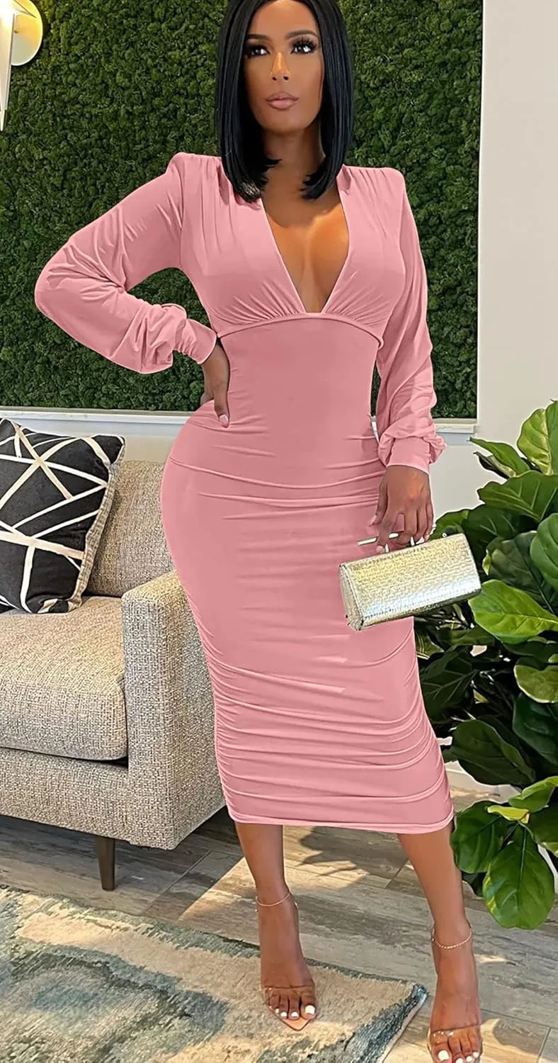 GOBLES Women's Sexy Deep V Neck Long Sleeve Ruched Bodycon Midi Party Dress