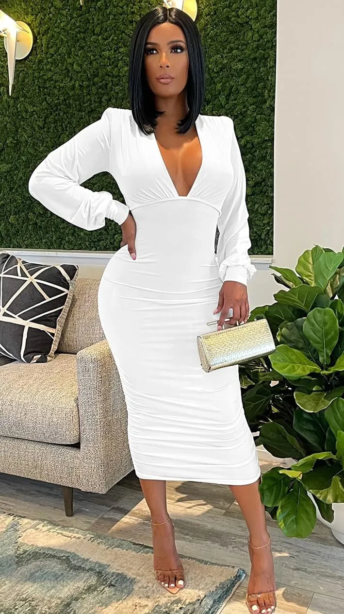 GOBLES Women's Sexy Deep V Neck Long Sleeve Ruched Bodycon Midi Party Dress