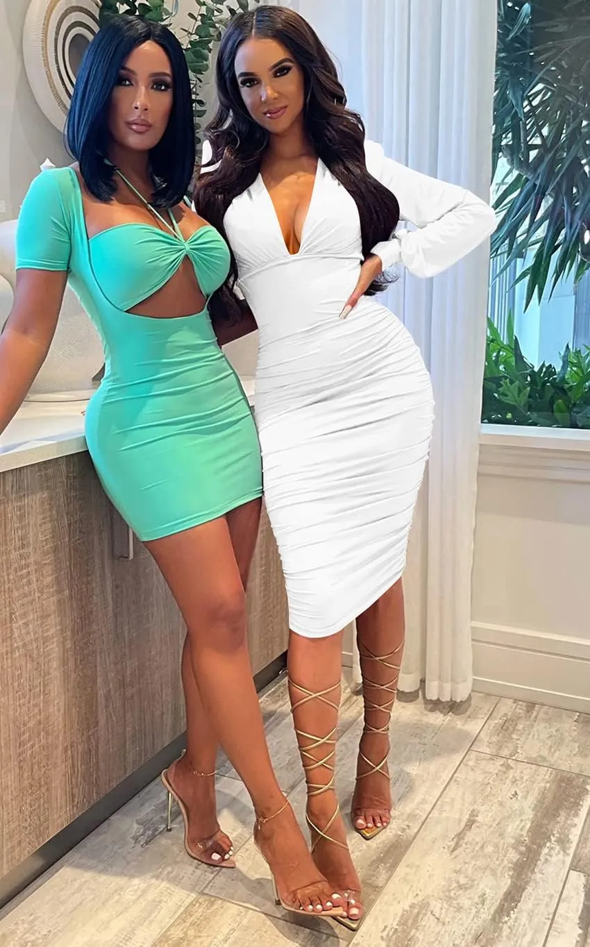 GOBLES Women's Sexy Deep V Neck Long Sleeve Ruched Bodycon Midi Party Dress
