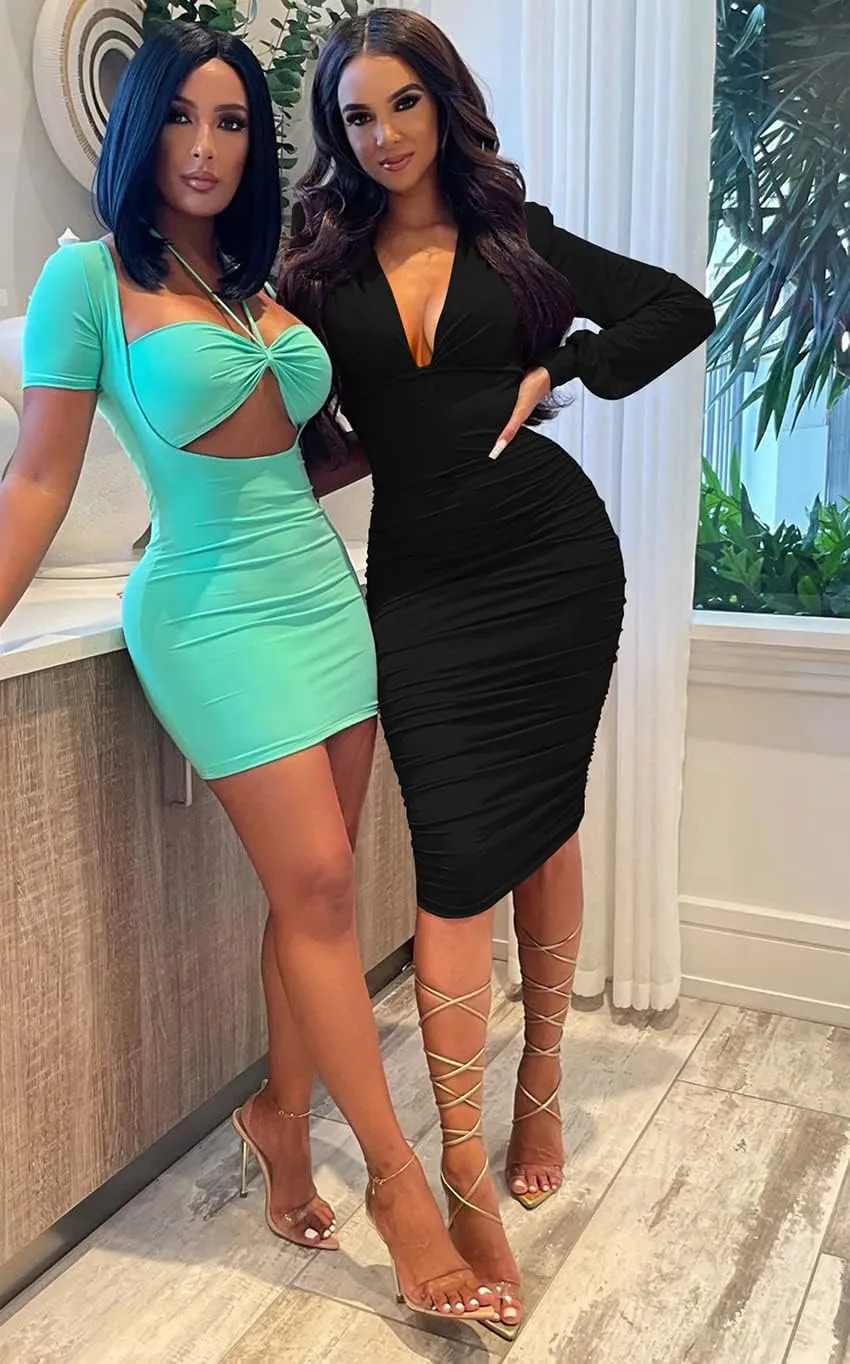 GOBLES Women's Sexy Deep V Neck Long Sleeve Ruched Bodycon Midi Party Dress