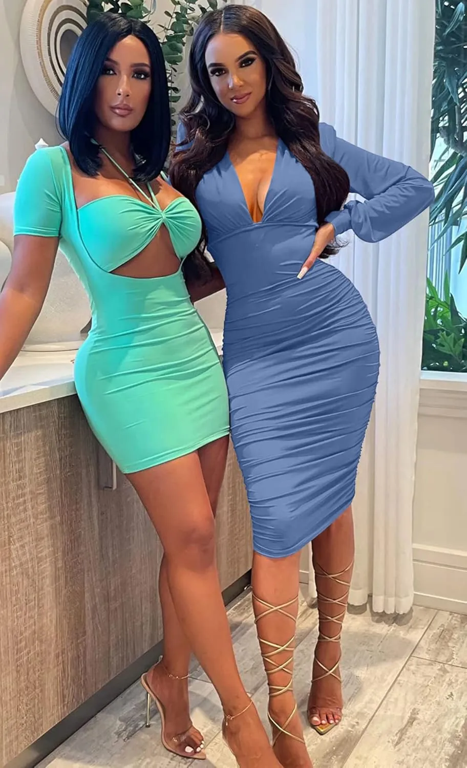 GOBLES Women's Sexy Deep V Neck Long Sleeve Ruched Bodycon Midi Party Dress