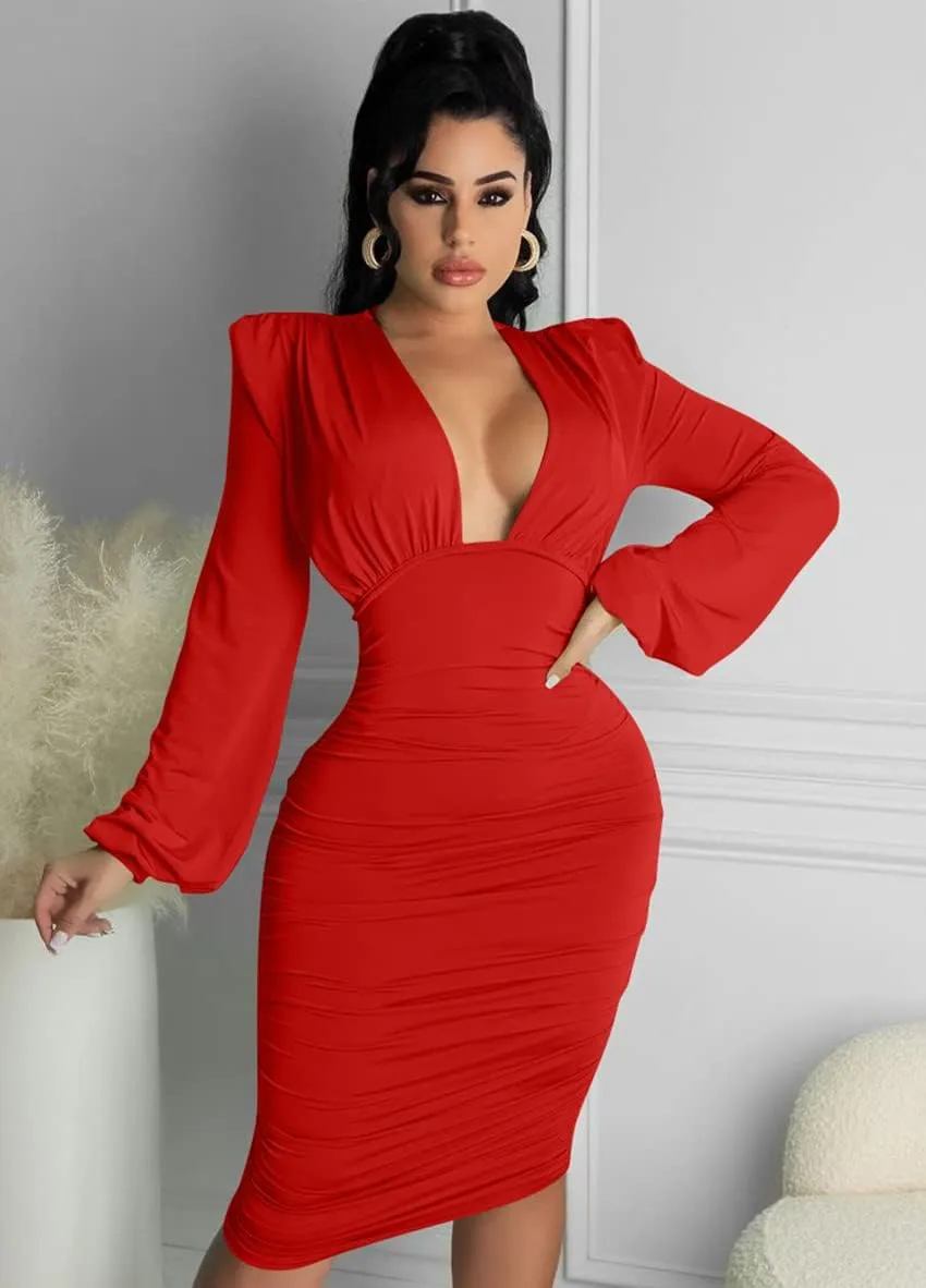 GOBLES Women's Sexy Deep V Neck Long Sleeve Ruched Bodycon Midi Party Dress