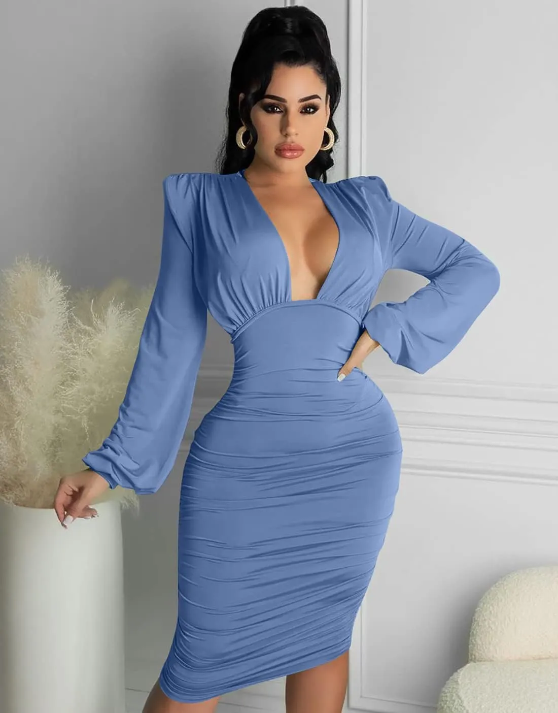 GOBLES Women's Sexy Deep V Neck Long Sleeve Ruched Bodycon Midi Party Dress