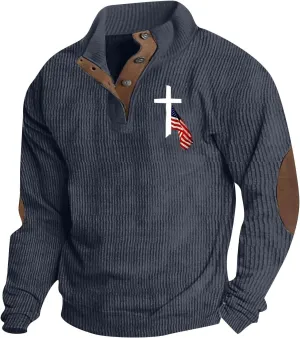 GOFULY Men'S Corduroy Sweatshirt Stand Collar Henley Quarter Button Pullover Long Sleeve Quilted Jacket Big And Tall Outfits