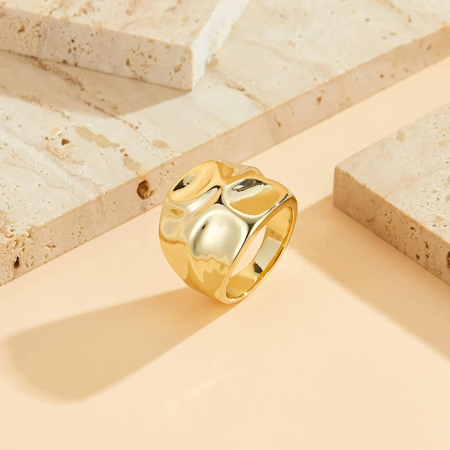 Gold and Silver Rings for Women, Fashion 18K Gold Plated Chunky Statement Ring Band Dome Mask Design Cocktail Costume Jewelry for Her