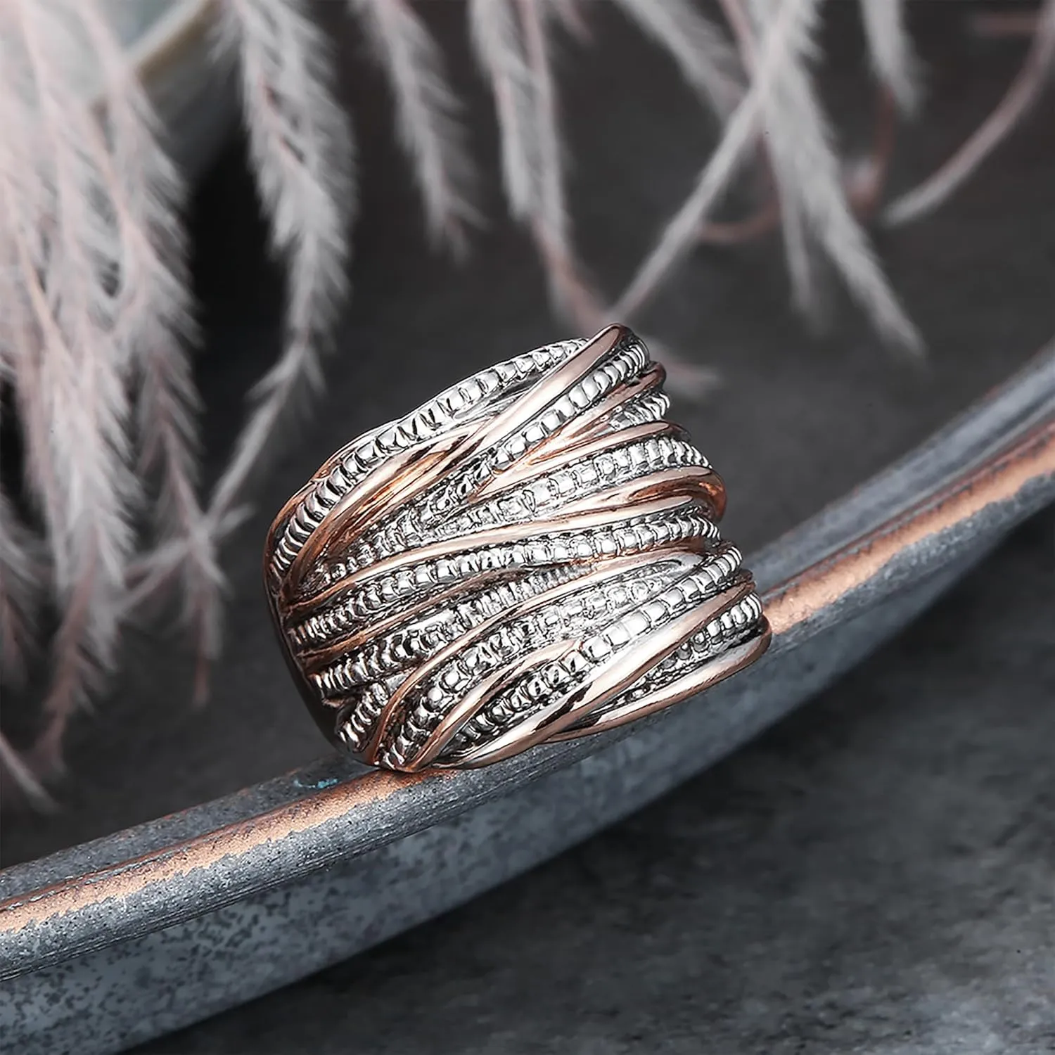 Gold and Silver Rings Two Tone - Chunky Gold Ring Cable - Statement Rings Cocktail Jewelry for Women