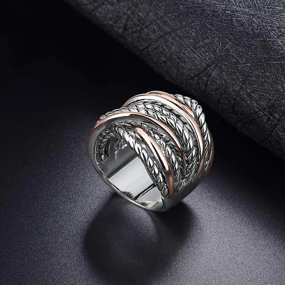 Gold and Silver Statement Rings for Women Wire Intertwined Design 14K Gold Plated Silver Band Ring Index Finger Rings Costume Jewelry