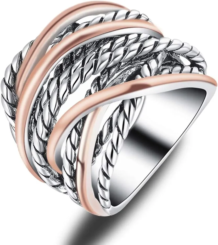 Gold and Silver Statement Rings for Women Wire Intertwined Design 14K Gold Plated Silver Band Ring Index Finger Rings Costume Jewelry