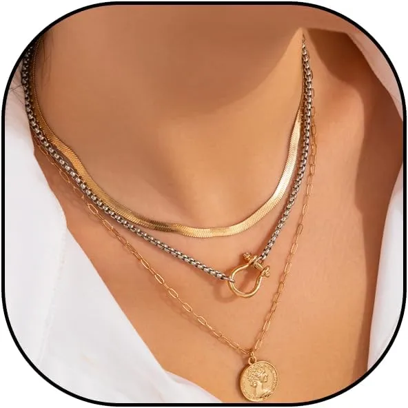 Gold Layered Necklace Multilayer Chunky layered Paperclip Chain Necklace Adjustable Layering Chain Plated Necklaces Set for Women Jewelry