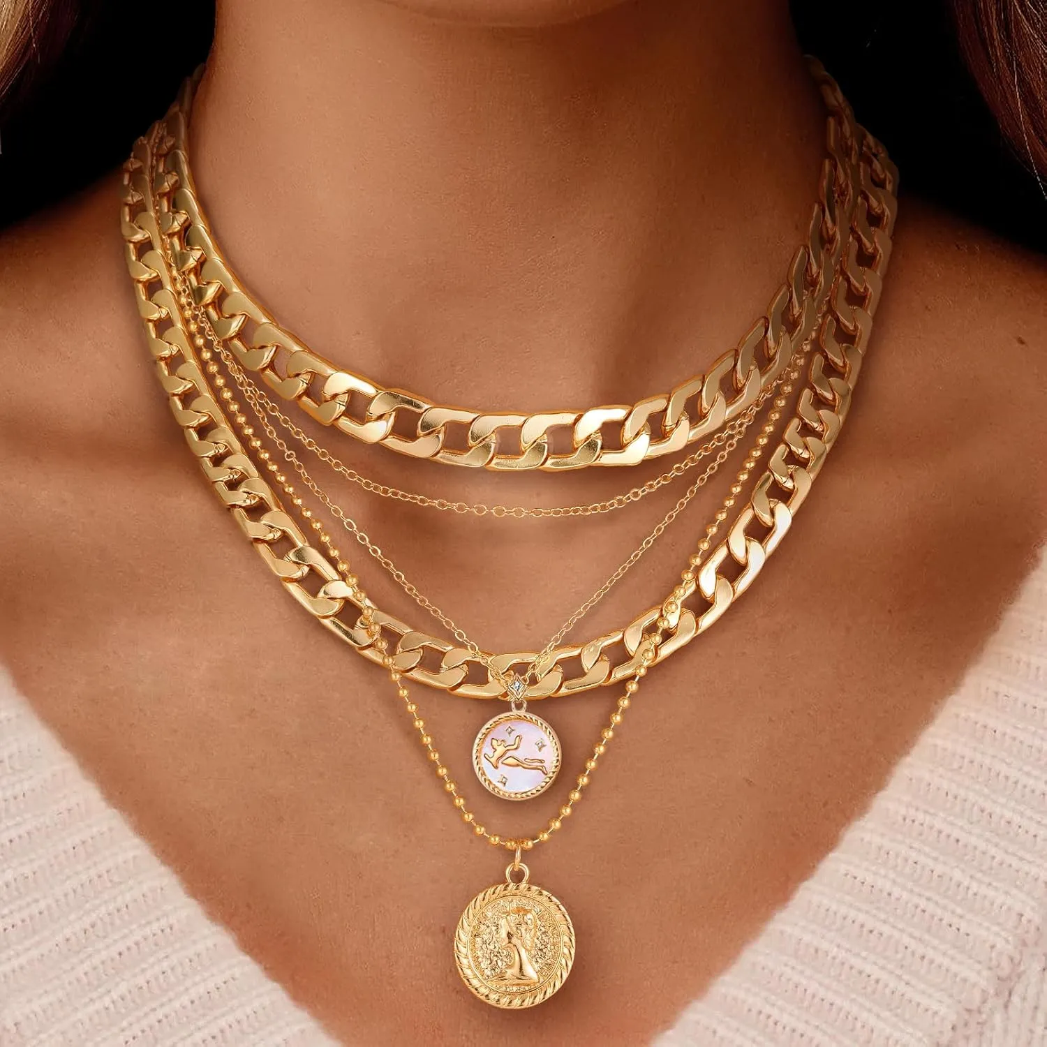 Gold Layered Necklaces for Women Chunky Pendant Necklace Trendy Retro Coin Choker Necklace Gold Link Chain for Women Jewelry Birthday Gifts