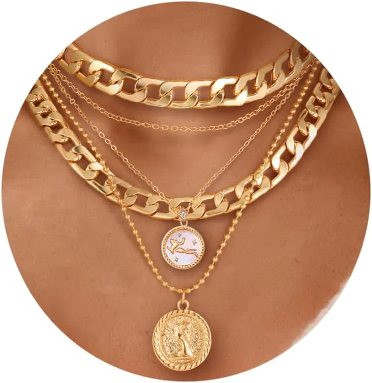 Gold Layered Necklaces for Women Chunky Pendant Necklace Trendy Retro Coin Choker Necklace Gold Link Chain for Women Jewelry Birthday Gifts