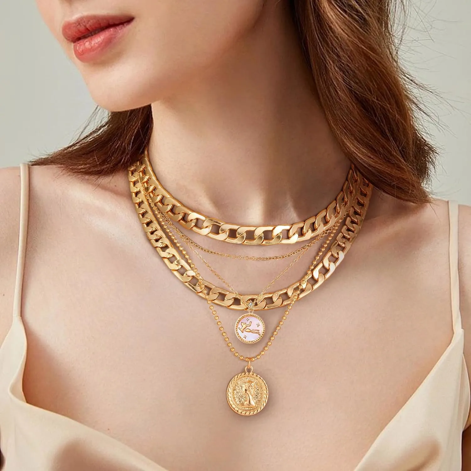 Gold Layered Necklaces for Women Chunky Pendant Necklace Trendy Retro Coin Choker Necklace Gold Link Chain for Women Jewelry Birthday Gifts