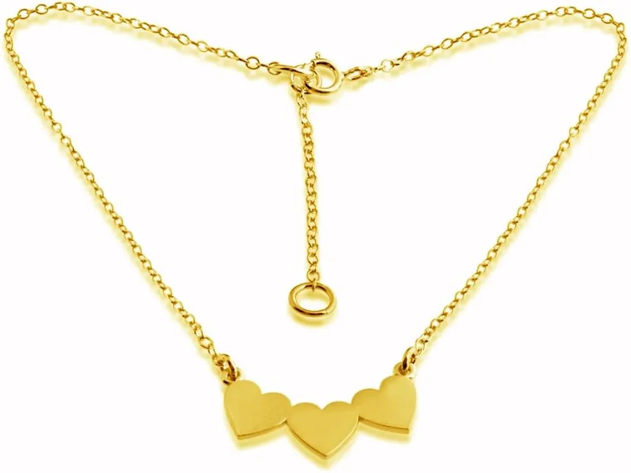 Gold Plated Anklet 3 Solid Hearts Past Present Future Love Charm Pendant Anklet Bracelet