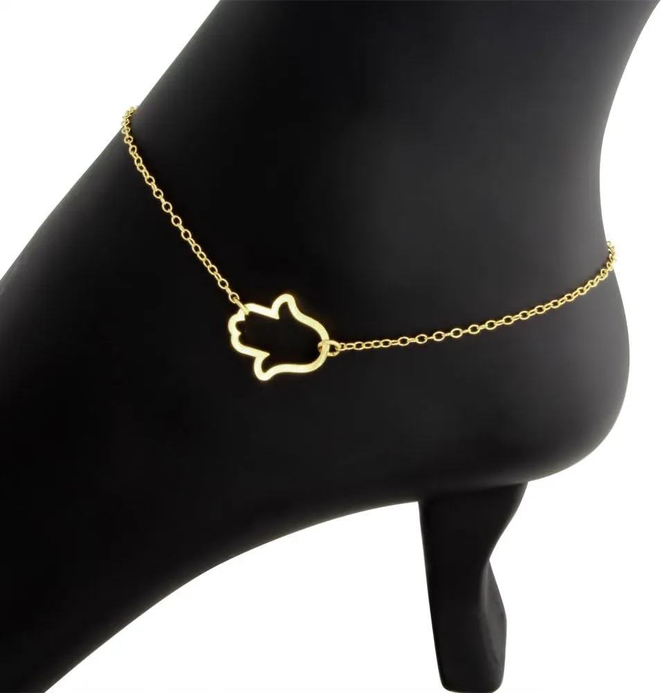 Gold Plated Anklet Outline Hamsa Hand Religious Charm Pendant Anklet Bracelet.