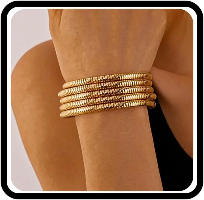 Gold Plated Multi-Layer Stretch Bracelets for Women,Trendy Statement Geometric Twisted Metal Bracelets Minimalism Hip Hop Kpop Jewelry Gifts