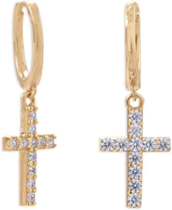 Gold-plated Sterling Silver Huggie Hoop Earrings with Dangle Cross