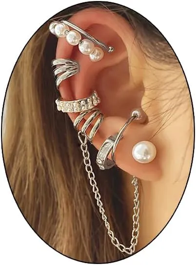 Gold Silver Cuff Earrings Dangle Set for Women Pearl Layering Non Piercing Statement Earrings Set Gold Silver Clip Wrap Gold Chain Pearls Claw Huggie Tassels No Piercing Jewelry