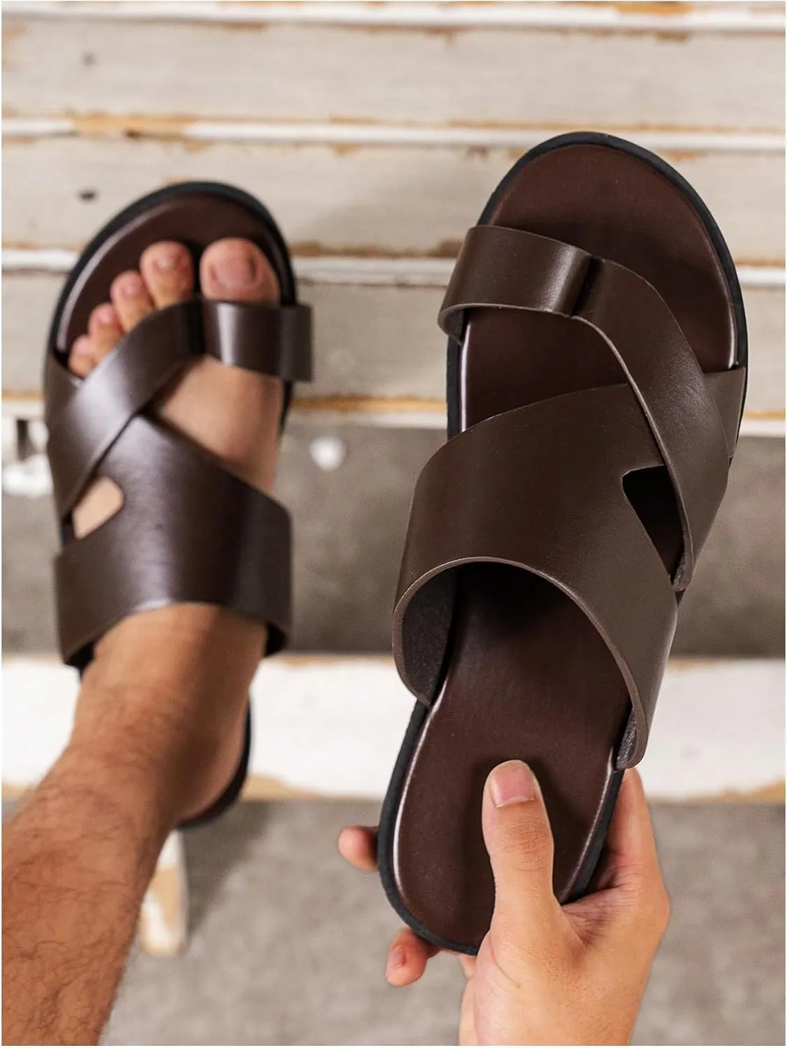 GORGLITTER Men's Beach Leather Sandals 2025 Slide Footwear Round Flip Flops Pu Slip On Slippers