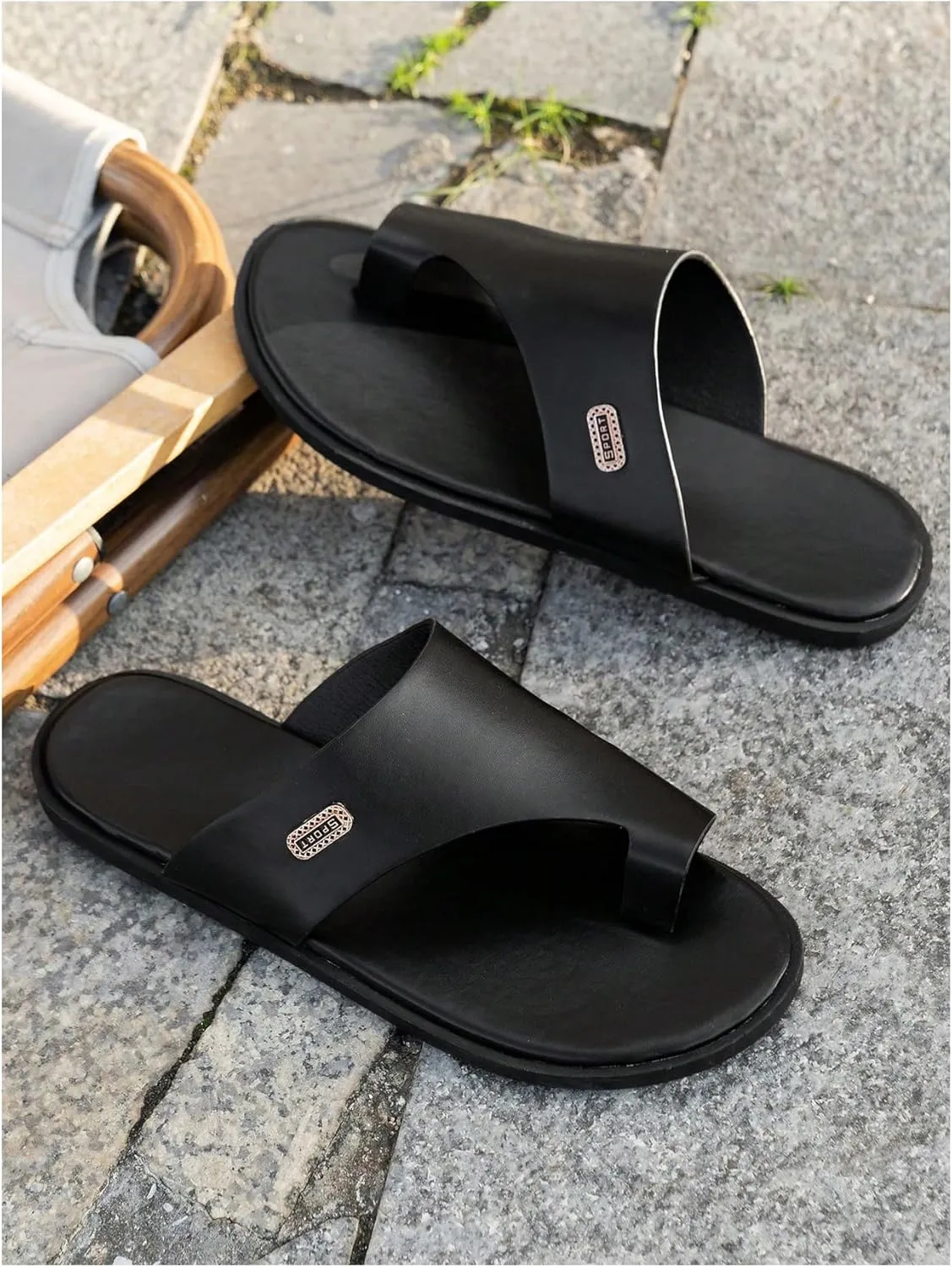 GORGLITTER Men's Beach Leather Sandals 2025 Slide Footwear Round Flip Flops Pu Slip On Slippers