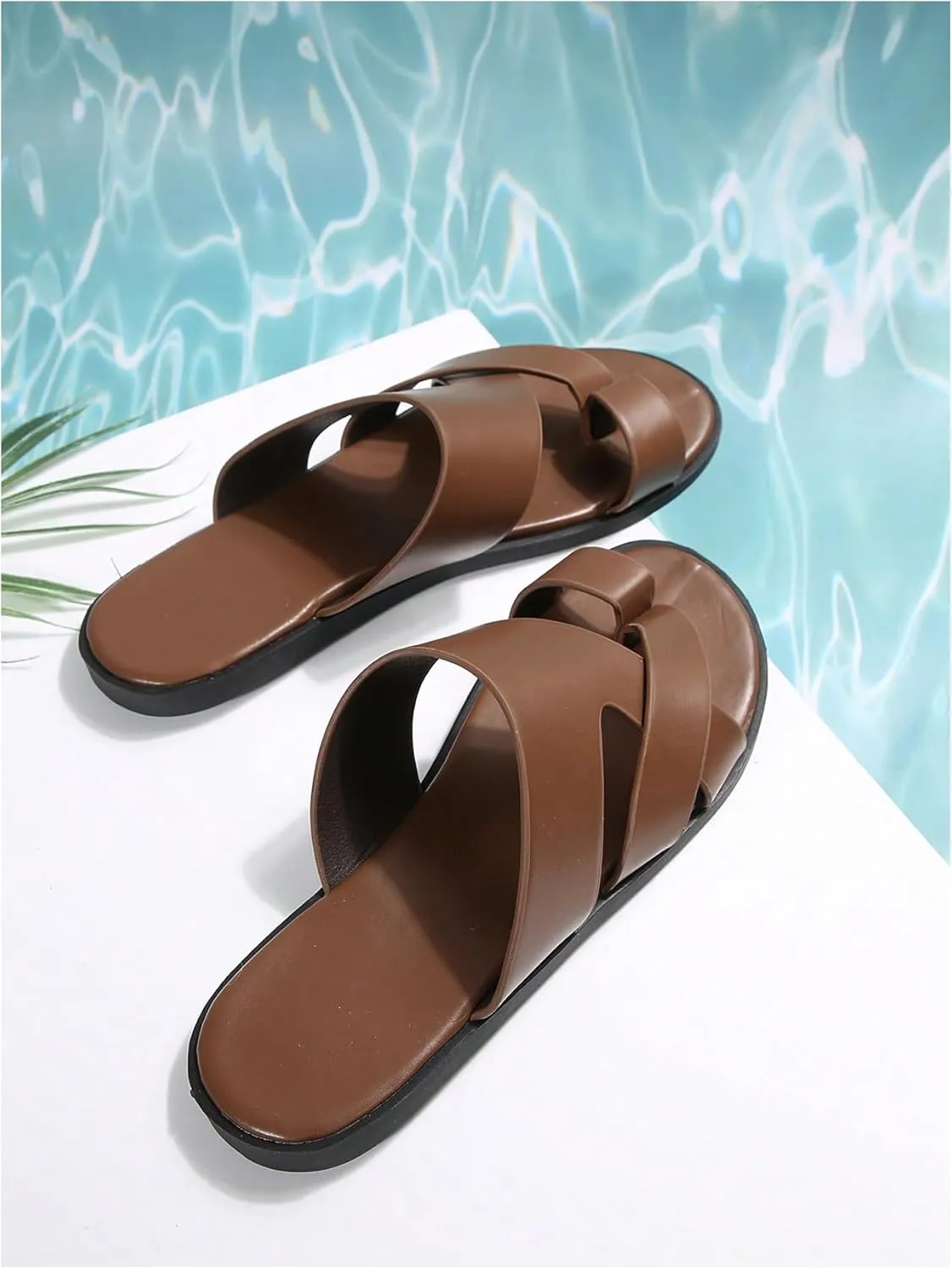 GORGLITTER Men's Beach Leather Sandals 2025 Slide Footwear Round Flip Flops Pu Slip On Slippers
