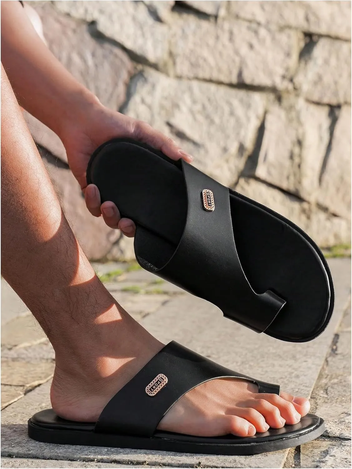 GORGLITTER Men's Beach Leather Sandals 2025 Slide Footwear Round Flip Flops Pu Slip On Slippers