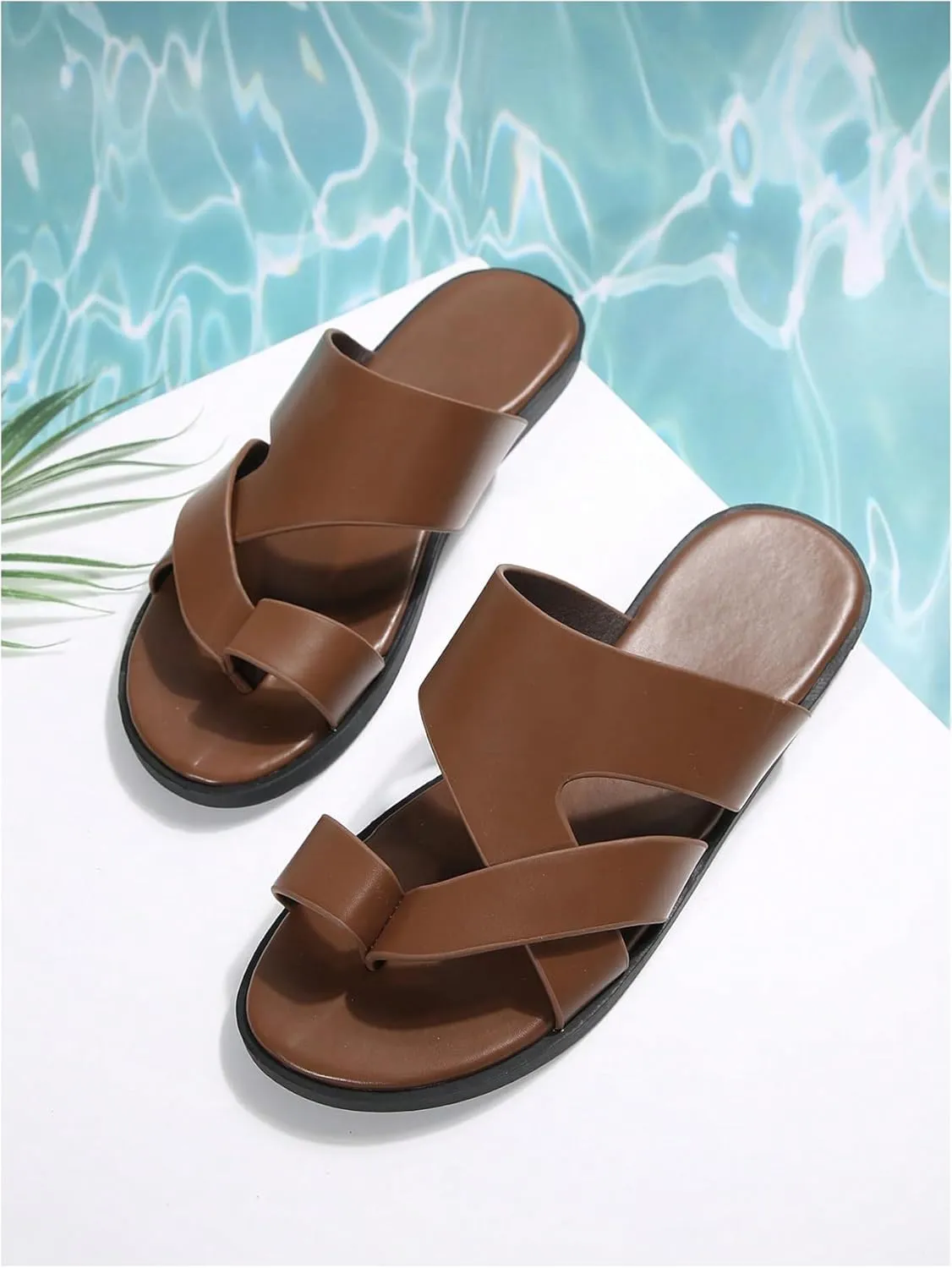 GORGLITTER Men's Beach Leather Sandals 2025 Slide Footwear Round Flip Flops Pu Slip On Slippers