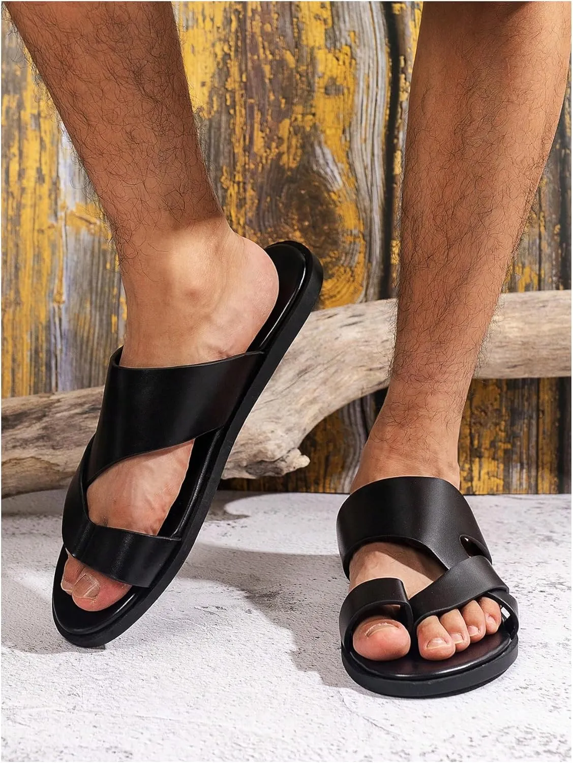 GORGLITTER Men's Beach Leather Sandals 2025 Slide Footwear Round Flip Flops Pu Slip On Slippers
