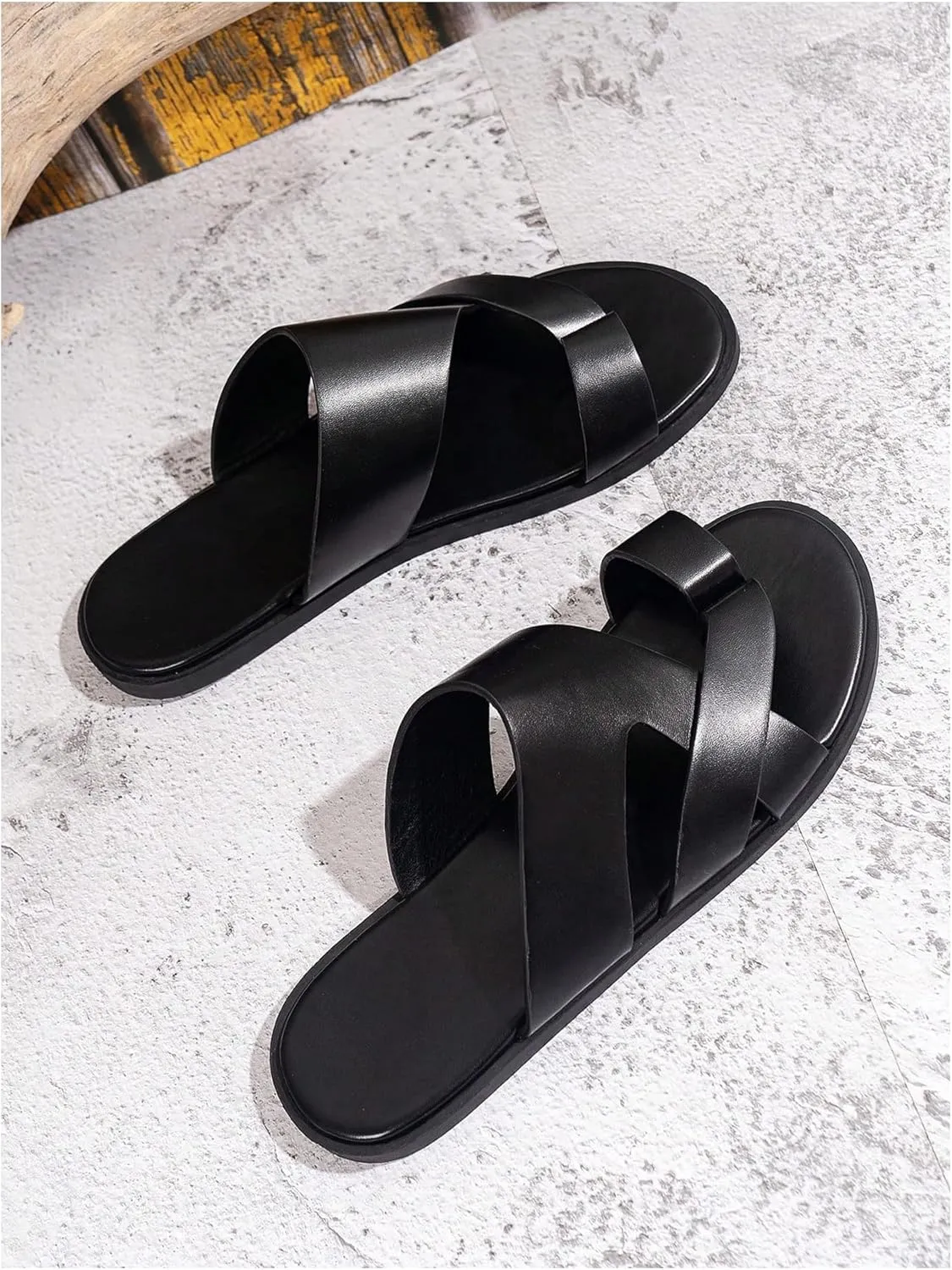 GORGLITTER Men's Beach Leather Sandals 2025 Slide Footwear Round Flip Flops Pu Slip On Slippers