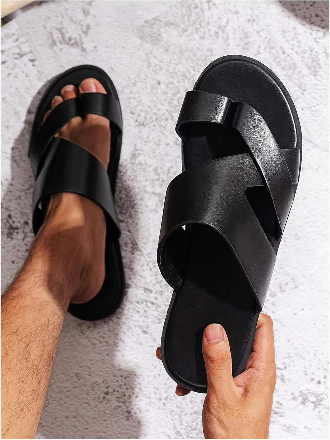 GORGLITTER Men's Beach Leather Sandals 2025 Slide Footwear Round Flip Flops Pu Slip On Slippers