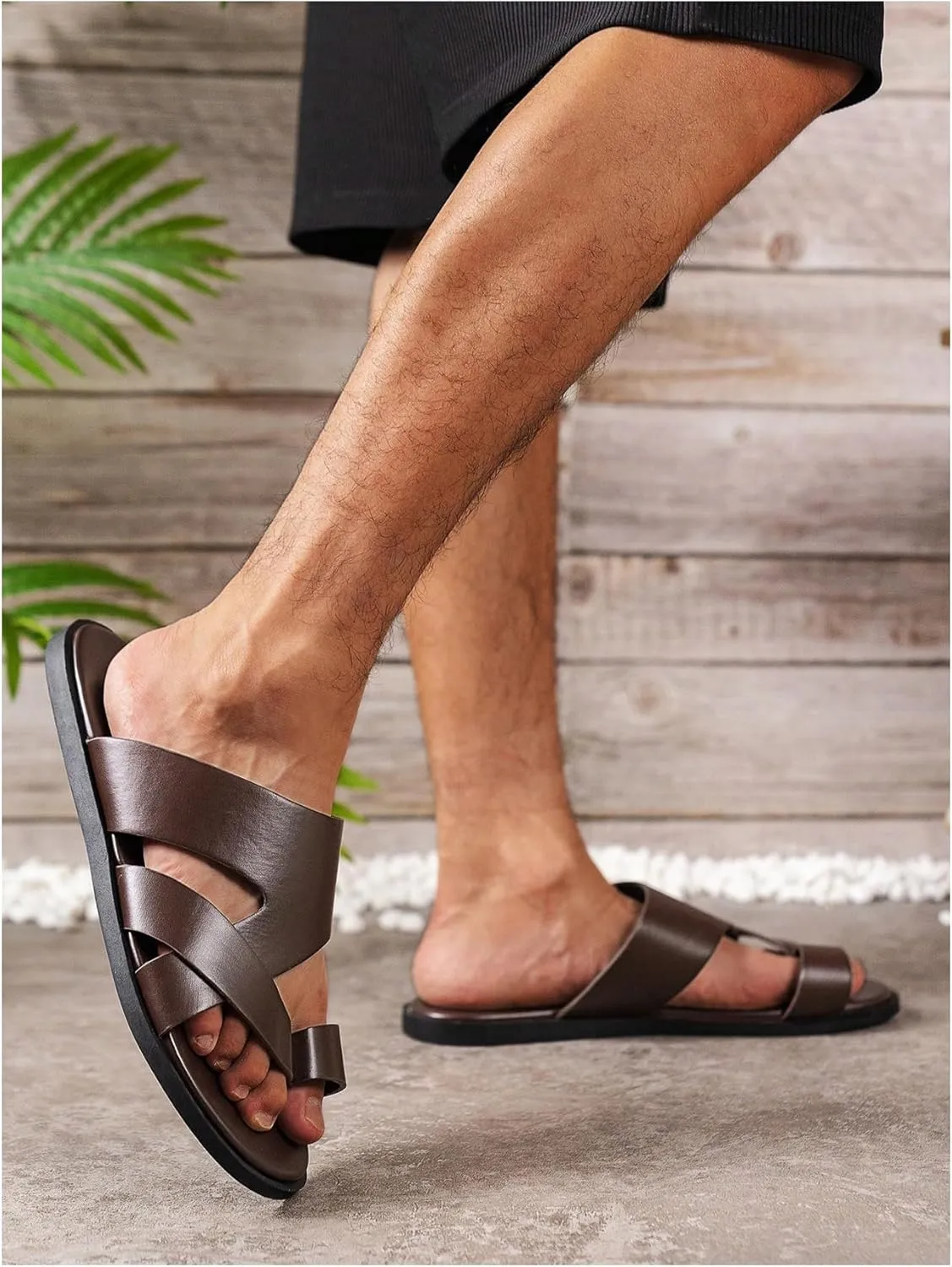 GORGLITTER Men's Beach Leather Sandals 2025 Slide Footwear Round Flip Flops Pu Slip On Slippers