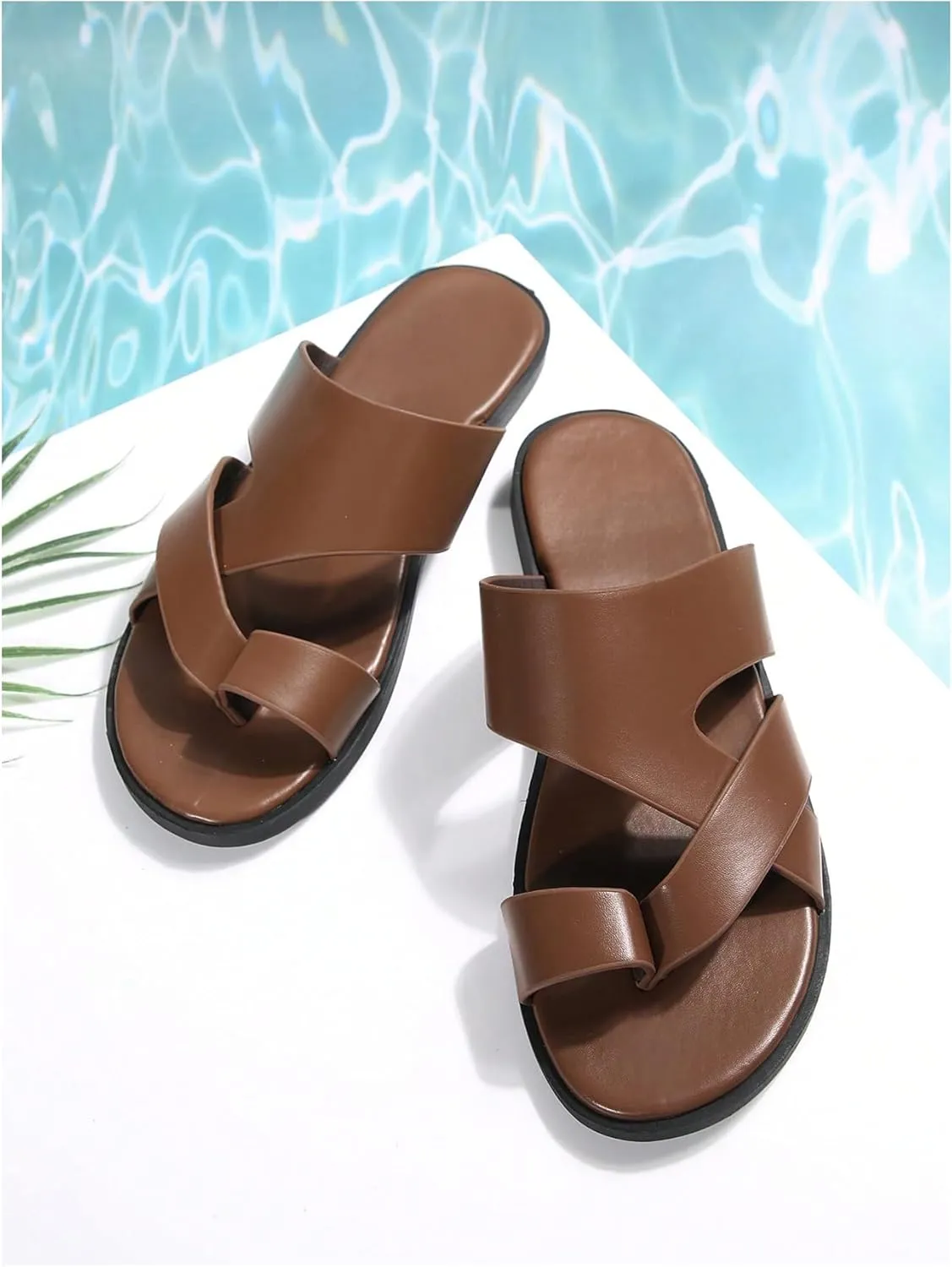 GORGLITTER Men's Beach Leather Sandals 2025 Slide Footwear Round Flip Flops Pu Slip On Slippers