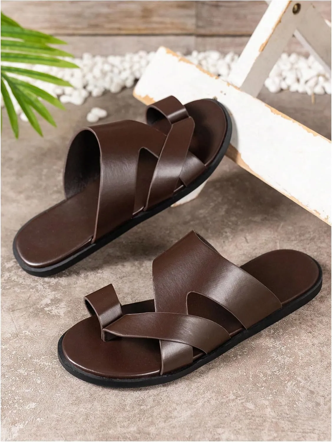 GORGLITTER Men's Beach Leather Sandals 2025 Slide Footwear Round Flip Flops Pu Slip On Slippers