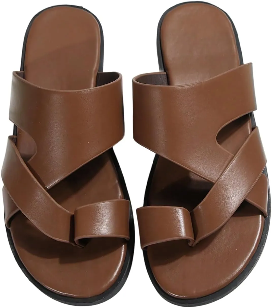 GORGLITTER Men's Beach Leather Sandals 2025 Slide Footwear Round Flip Flops Pu Slip On Slippers