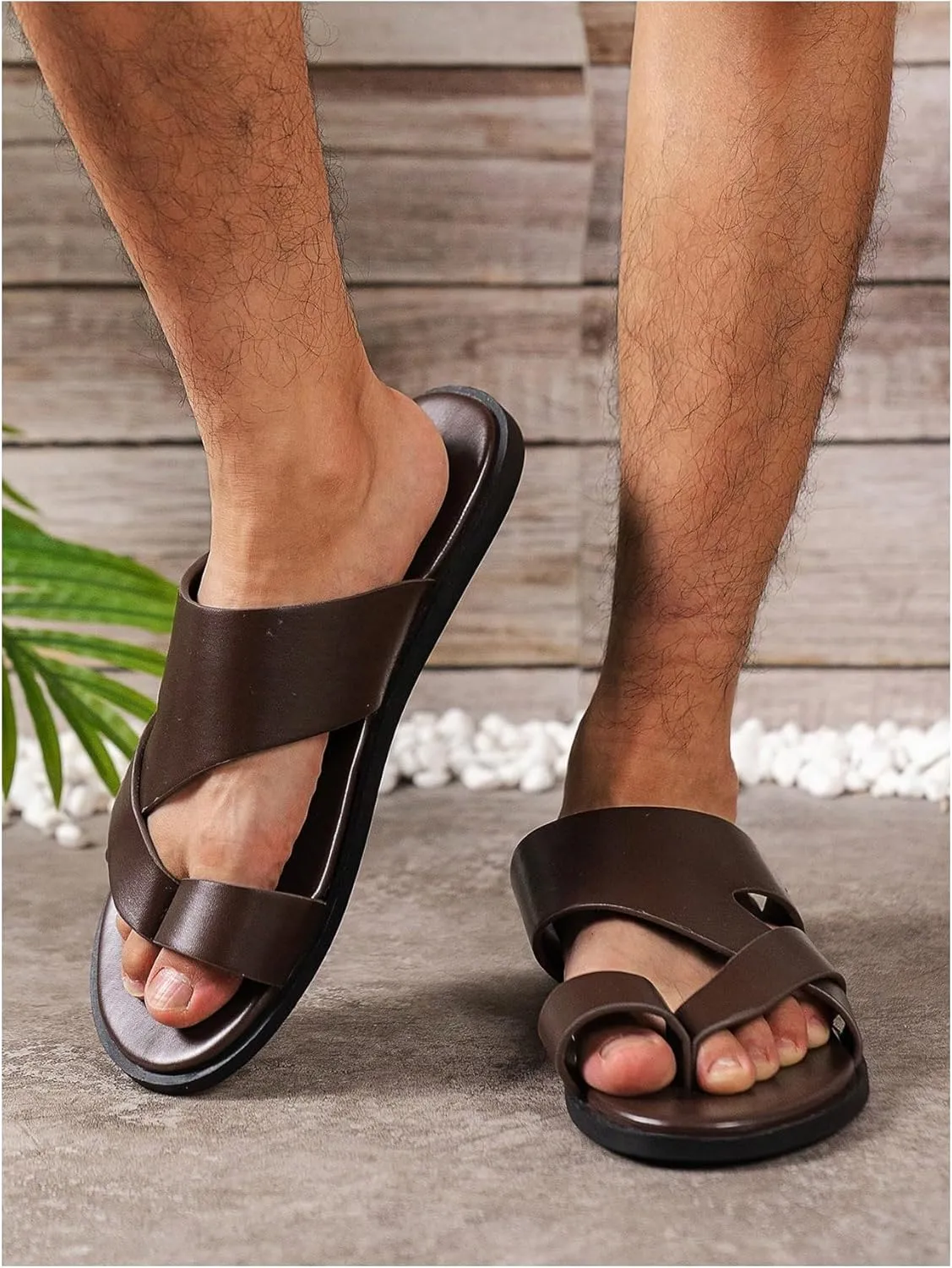 GORGLITTER Men's Beach Leather Sandals 2025 Slide Footwear Round Flip Flops Pu Slip On Slippers