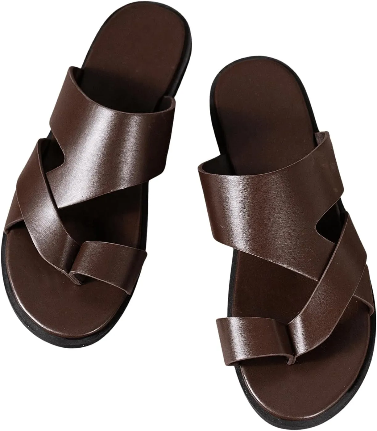 GORGLITTER Men's Beach Leather Sandals 2025 Slide Footwear Round Flip Flops Pu Slip On Slippers