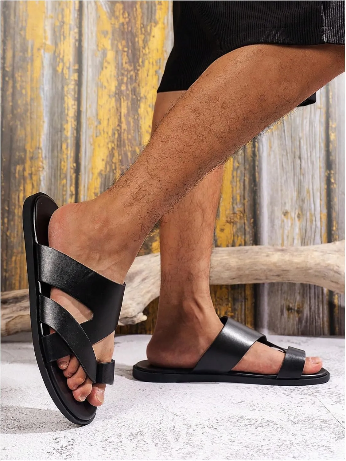 GORGLITTER Men's Beach Leather Sandals 2025 Slide Footwear Round Flip Flops Pu Slip On Slippers