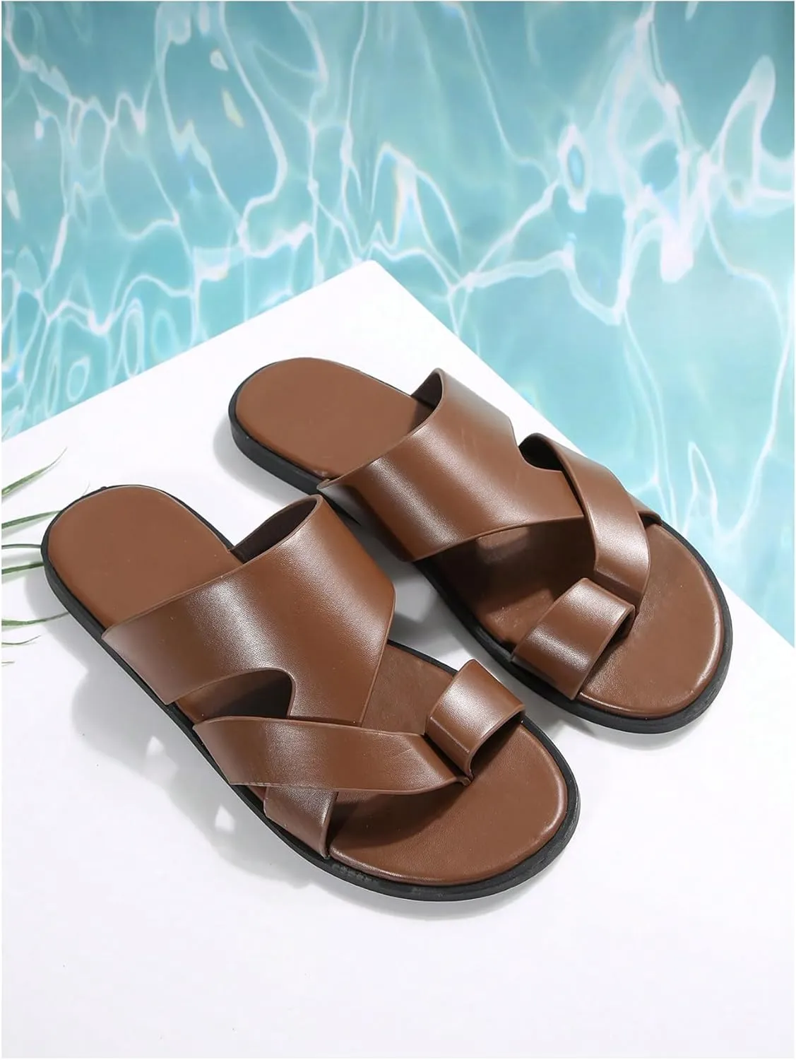 GORGLITTER Men's Beach Leather Sandals 2025 Slide Footwear Round Flip Flops Pu Slip On Slippers