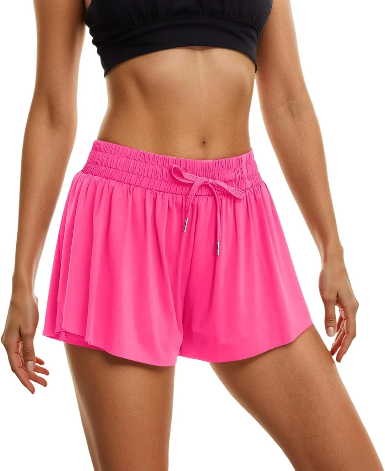 Gym Yoga Skorts for Women 2 in 1 Athletic Workout Tennis Skirt Shorts Stretch Drawstring Flowy Sport Running Shorts