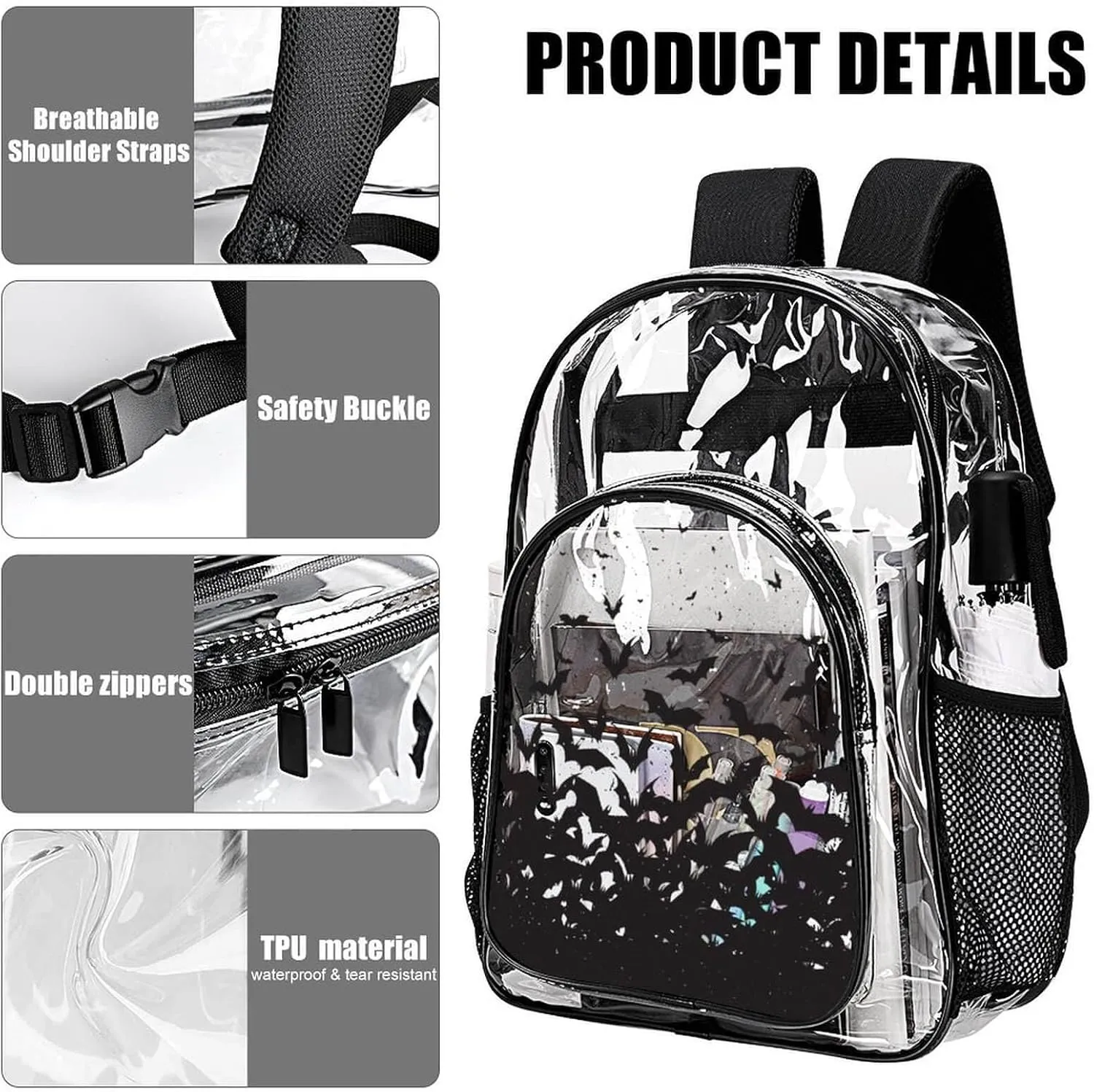 Halloween Clear Backpack Heavy Duty for Girls Kids Boys Women Men - Large Cute PVC Halloweens Theme Printing Transparent Backpacks for Schools Stadium Concerts Work - Clear/Black
