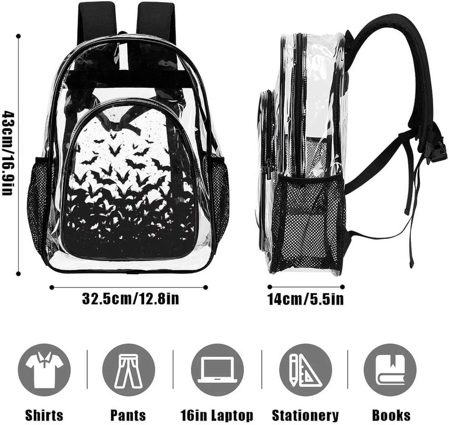 Halloween Clear Backpack Heavy Duty for Girls Kids Boys Women Men - Large Cute PVC Halloweens Theme Printing Transparent Backpacks for Schools Stadium Concerts Work - Clear/Black