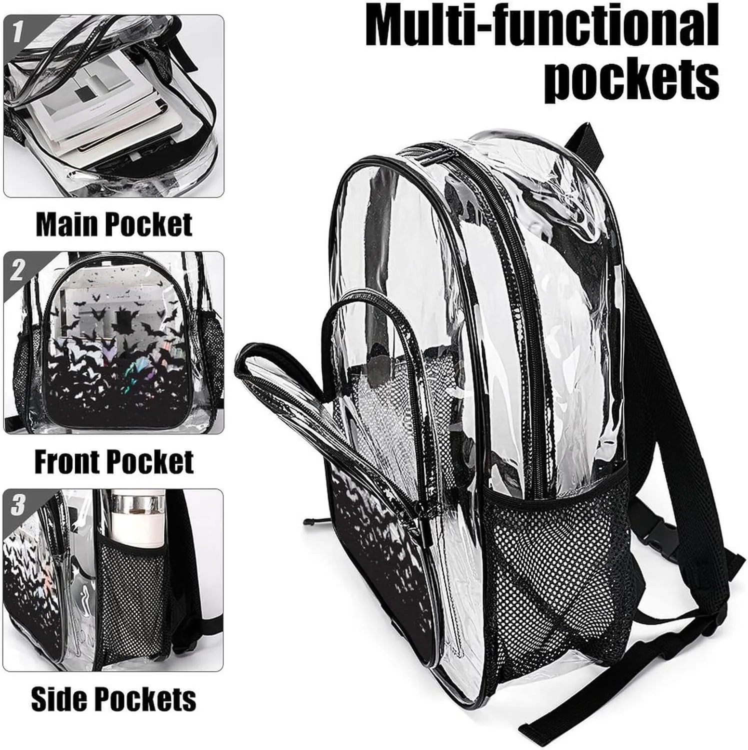 Halloween Clear Backpack Heavy Duty for Girls Kids Boys Women Men - Large Cute PVC Halloweens Theme Printing Transparent Backpacks for Schools Stadium Concerts Work - Clear/Black