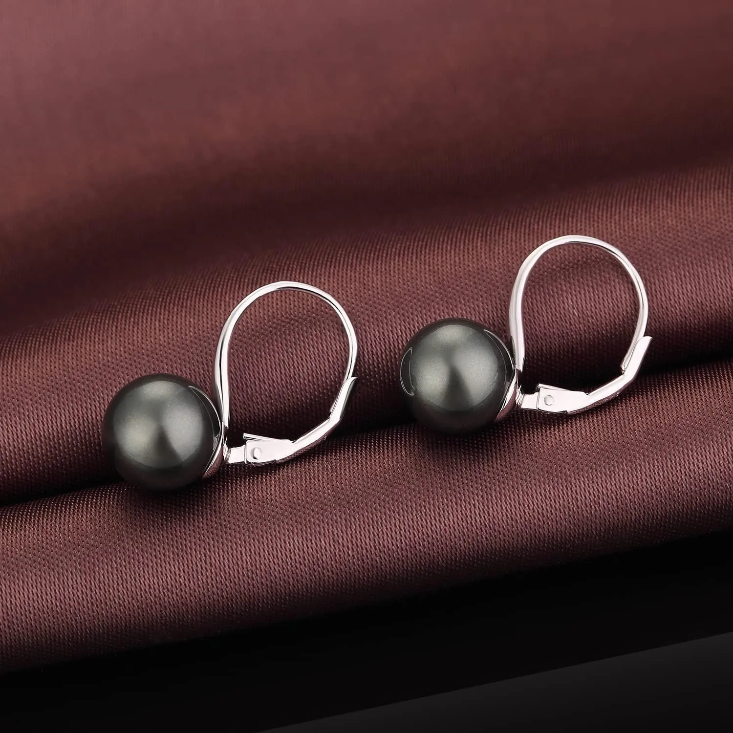 Han han 925 Sterling Silver Pearl Leverback Earrings for Women with 10MM Simulated Pearl, White/Black/Yellow Gold/Rose Gold Available