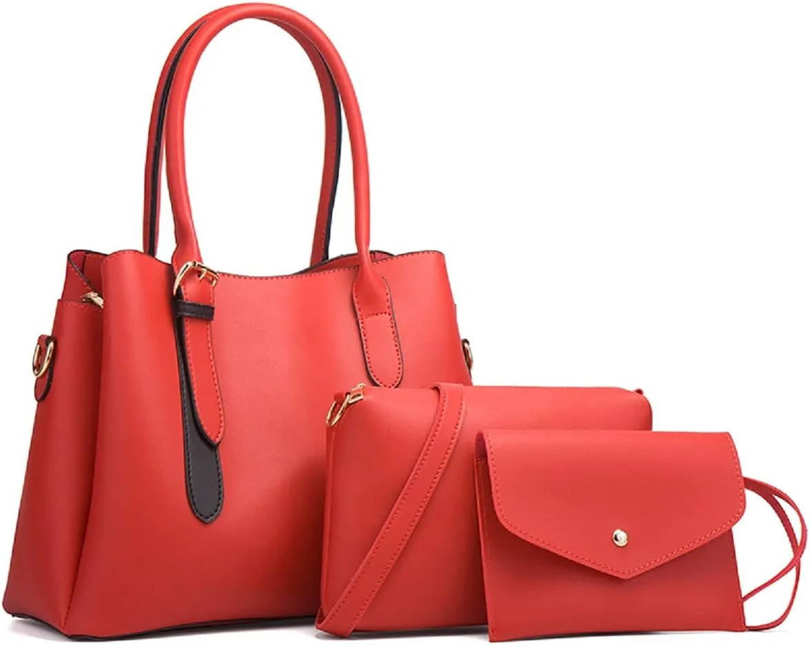 Handbag for Women Fashion Shoulder Bags Tote Crossbody Satchel Purse 3 Pieces Set, Red