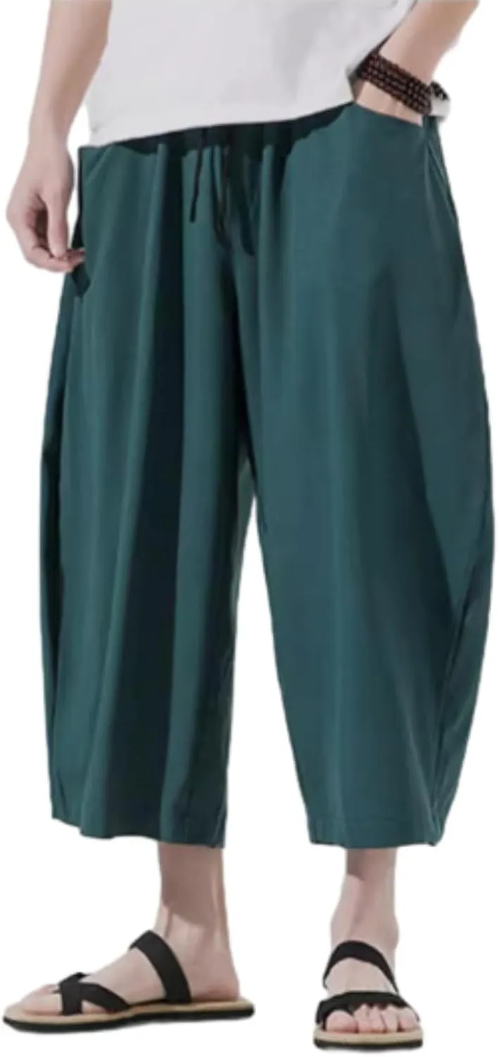 Harem Pants Men Casual Drawstring Elastic Waist Linen Cropped Trouser Loose Breatheable Shorts Beach Boho Yoga Pocket